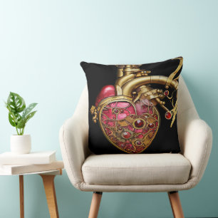 Coussin Steampunk Coeur Anatomique rubis et engrenages