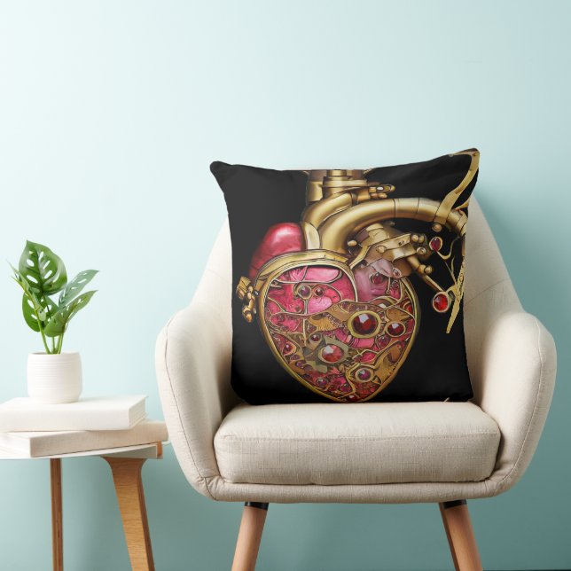 Coussin Steampunk Coeur Anatomique rubis et engrenages (Chaise)