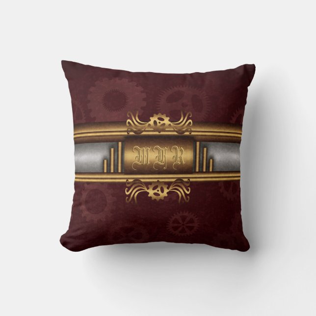 Coussin Steampunk, laiton sur les engrenages Monogramme (Recto)