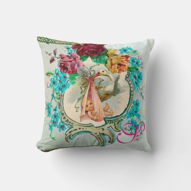 Coussin STORK BABY SHOWER FILLE FLORAL Bébé statistiques d (Recto)