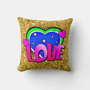 Coussin Style BD Pop Art Retro Bleu rose Vert AMOUR