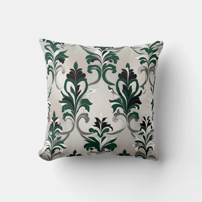Coussin Style Damassé Vert, Noir, Blanc et Argent (Recto)