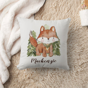 Coussin Style d'aquarelle mignonne Renard et Arbres Nom du