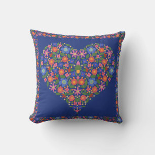 Coussin Style d'art populaire Coeur floral sur Royal Blue