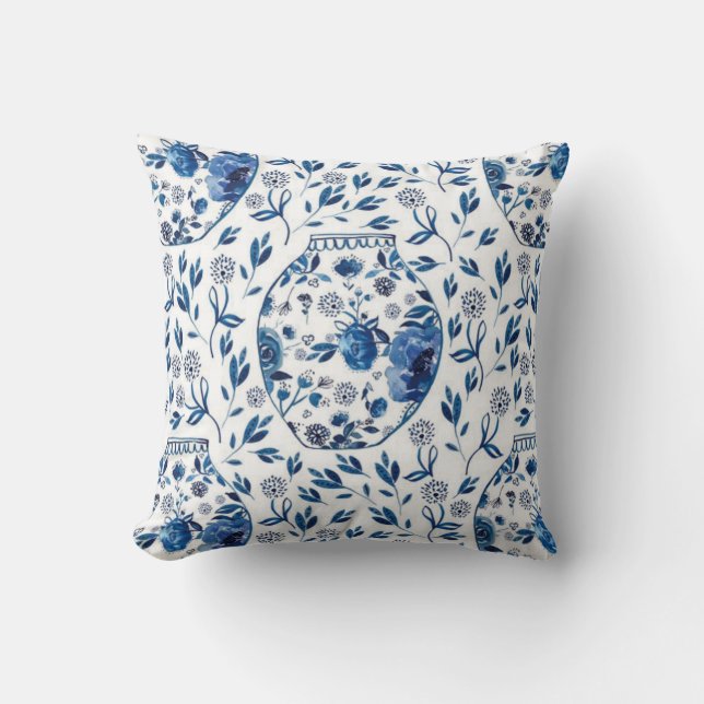 Coussin Style floral peint à la main en Chinoiserie bleue  (Recto)