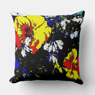 Coussin style pop art rouge jaune bleu et blanc fleurs