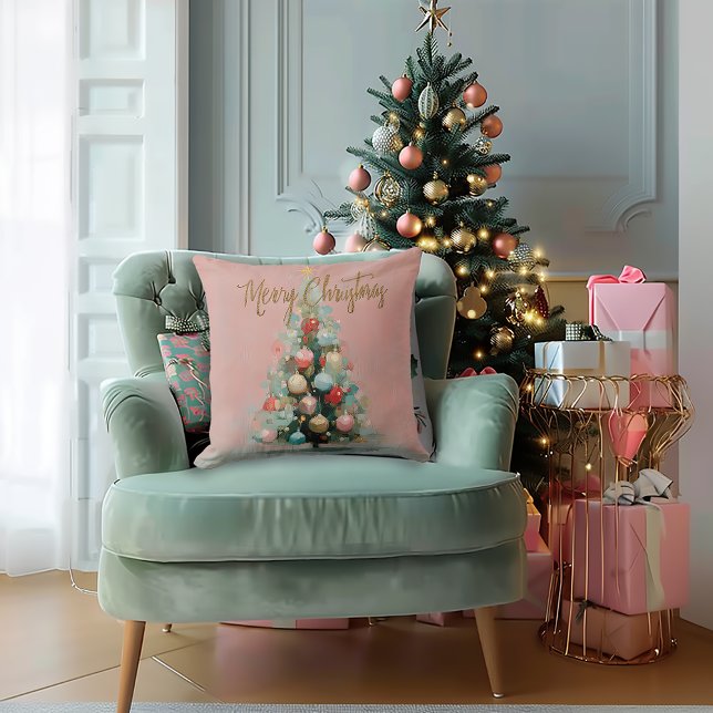 Coussin Stylish Brushed Pink Christmas Tree Throw Pillow (Beautiful Blush Pink Painted Christmas Tree Holiday Throw Pillow)