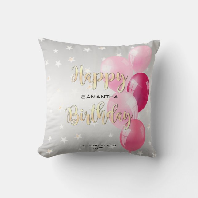 Coussin Stylish Starry Joyeux anniversaire et ballons rose (Recto)