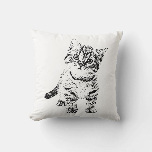 Coussin Stylo en encre de chat mignon Croquis noir blanc (Recto)