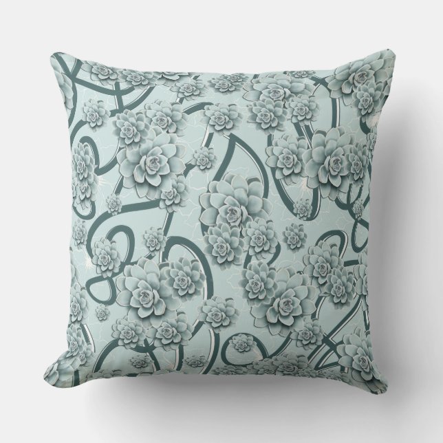 Coussin Succulents bleus à la menthe sur les treillis vert (Recto)