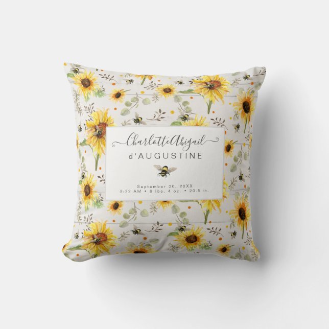 Coussin Sunflower Bee Rustic Wood Yellow Birth Stats Baby  (Recto)