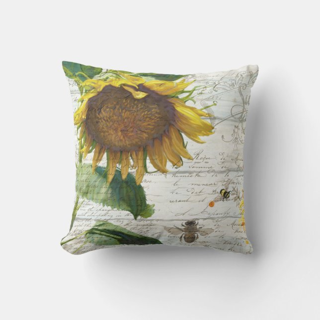 Coussin Sunflower w Bees Floral Script rustique Bois blanc (Recto)