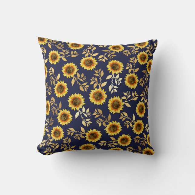 Coussin Sunny Yellow Gold Navy Feuille Motif (Recto)