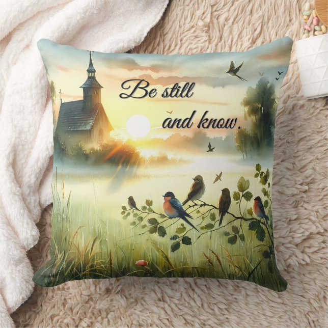 Coussin Sunrise Church with Birds in Misty Meadow (Couverture)