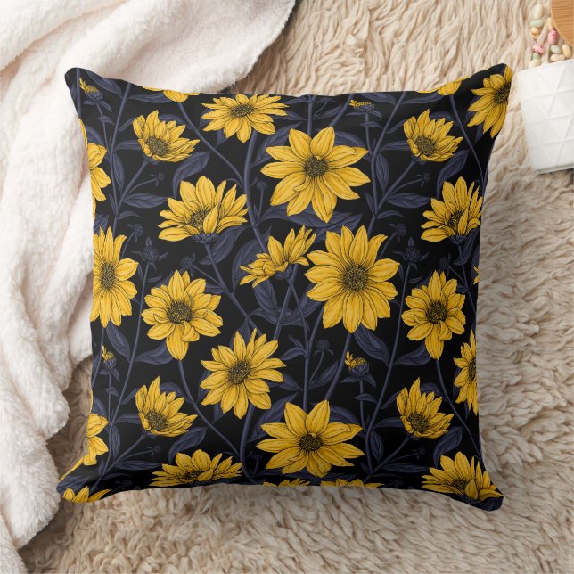 Coussin Sunroot, tournesol sauvage en jaune et bleu (Couverture)