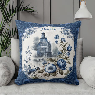 Coussin Superbe château floral Bleu toile de jouy monogram