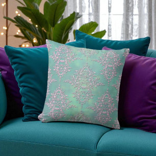 Coussin Superbe damas pastel sarcelle et lilas