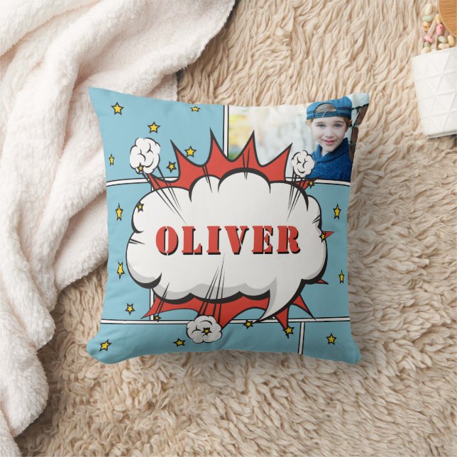 Coussin Superhero Comic Speech Bubble Boy Photo (Couverture)