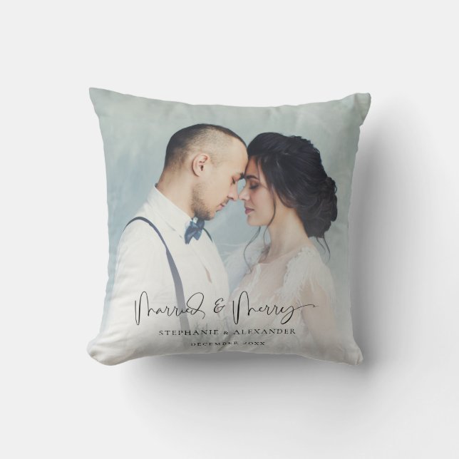 Coussin Superposition de nom de mariage à deux photos (Recto)