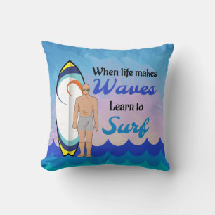 Coussin Surboard Ocean Waves Blue Motivational Quote