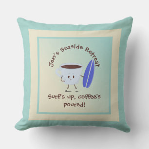 Coussin Surfeur Humoristique au Café avec Nom de Texte sur