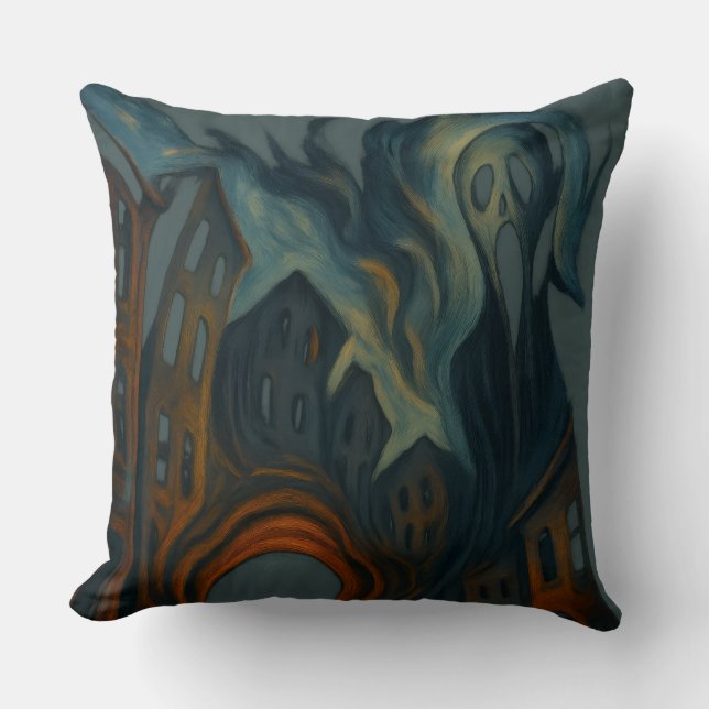 Coussin Surreal Dark Cityscape Art Ghostly Figure Painting (Recto)