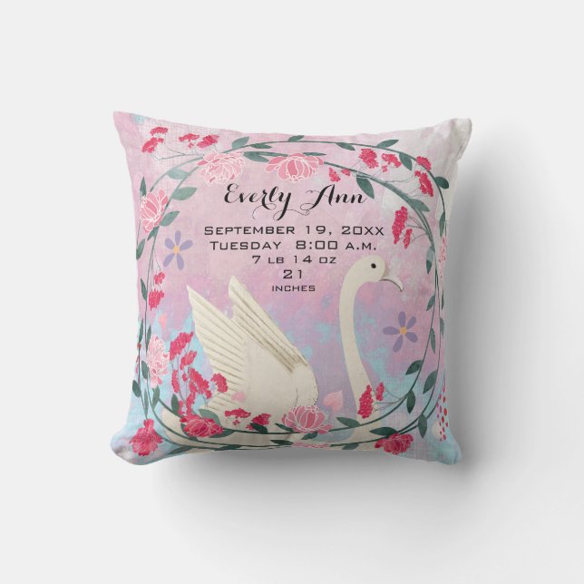 Coussin Swan Baby Girl Nursery Statistiques ou fiche de na (Recto)