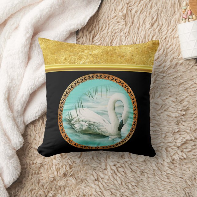 Coussin Swan en eau turquoise avec design or et noir (Couverture)