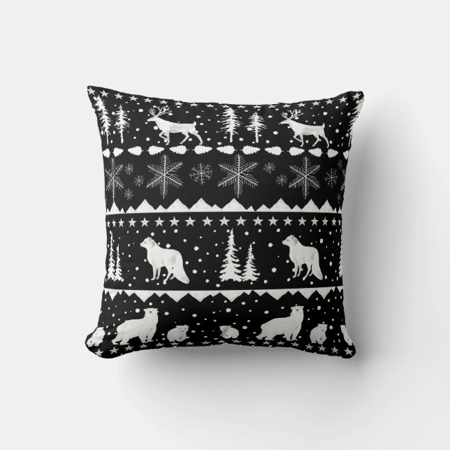 Coussin Sweat nordique Blanc Animaux d'hiver Noir (Recto)