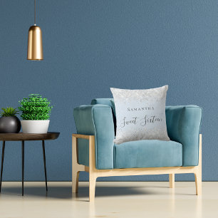 Coussin Sweet 16 bébé bleu argent parties scintillant nom 