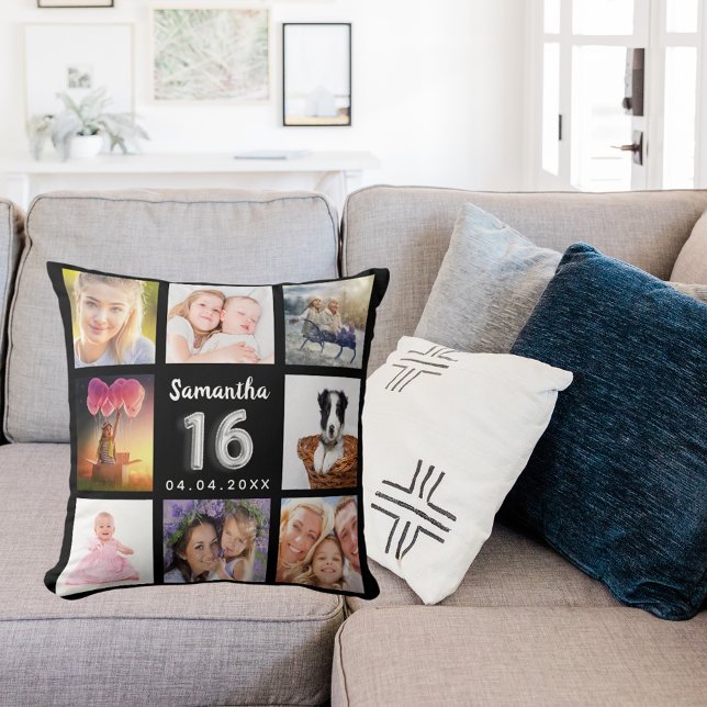 Coussin Sweet 16 collage photo personnalisé noir argent (Créateur téléchargé)