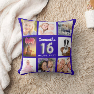 Coussin Sweet 16 royal bleu argent photo collage