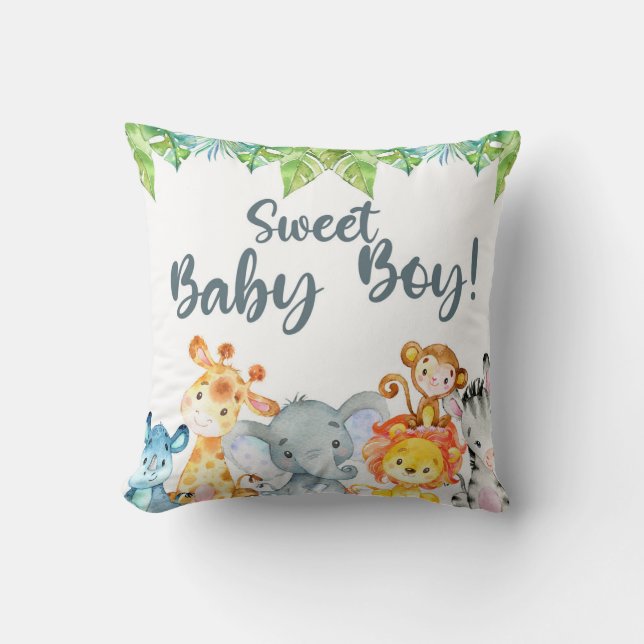 Coussin Sweet Baby Boy safari animaux baby shower coussin. (Recto)