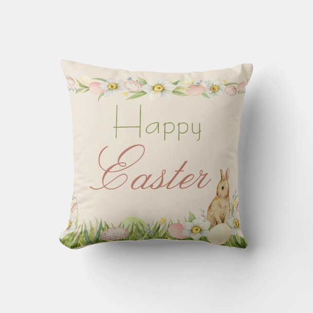 Coussin Sweet Bunny Joyeux Aquarelle florale de Pâques (Recto)