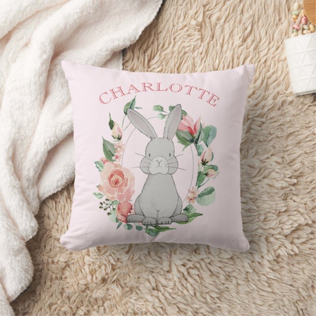 Coussin Sweet Forest Animal Gris lapin rose floral fille (Couverture)