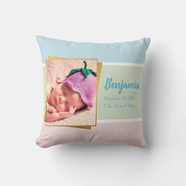 Coussin Sweet Pastel Baby Boy Photo Birth Record Stat (Recto)
