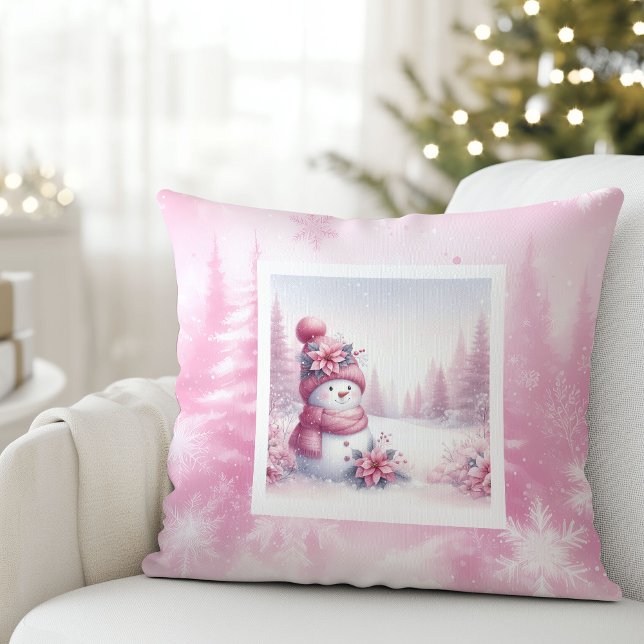 Coussin Sweet Pink Snowman Pillow Cute Christmas Scene (Sweet Pink Snowman Pillow Cute Christmas Scene)