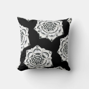 Coussin Symétrie florale noire et blanche Monochrome