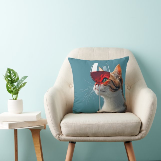 Coussin Tabby Chat avec verre de vin rouge (Chaise)
