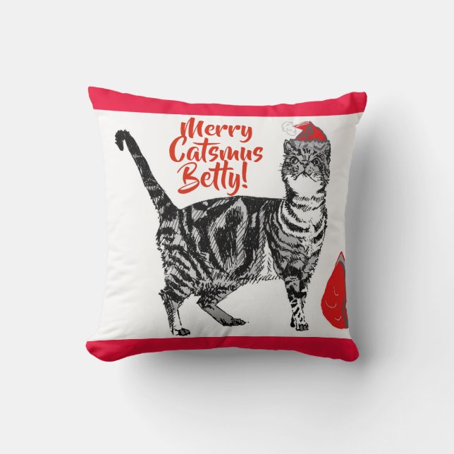 Coussin Tabby Chat Joyeux Noël Filles Nom Cushion (Recto)