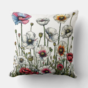Coussin Tableau coloré de pavots dans une illustrat botani