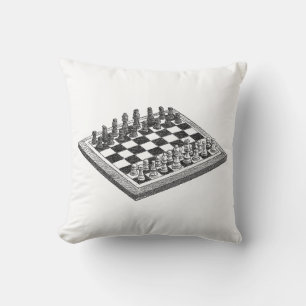 Coussin Tableau d'échecs et pièces d'échecs Art Vintage