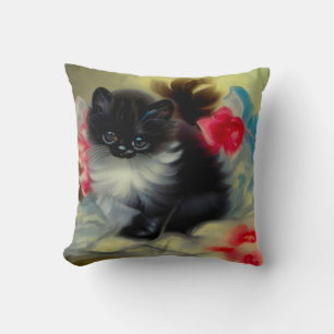 Coussin Tableau vintage de chaton noir et blanc