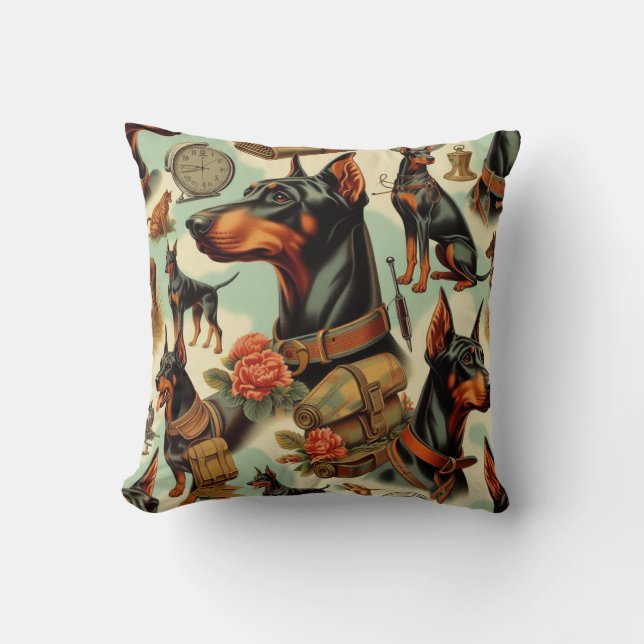 Coussin Tableau vintage Doberman sans joint (Recto)