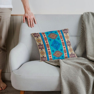 Coussin Tapis Kilim Turc Antique Aqua Bleu Or Pale