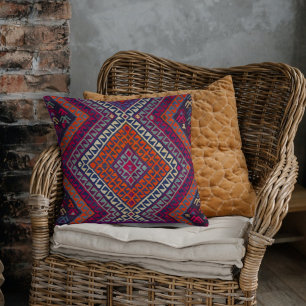 Coussin Tapis Kilim Turc Antique Vintage Magenta Orange