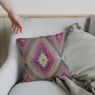 Coussin Tapis Kilim Turc Vintage Burgundy Sage Gris Tissé