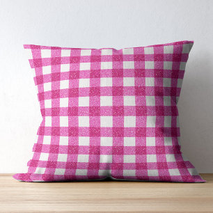 Coussin Tartan Pailleté Rose Élégant sur Fond Blanc