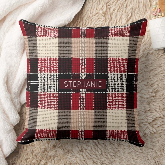 Coussin Tartan rouge classique et noir - Rustique tissé (Couverture)