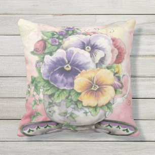 Coussin tasse de thé rose de pensée de fleur extérieure